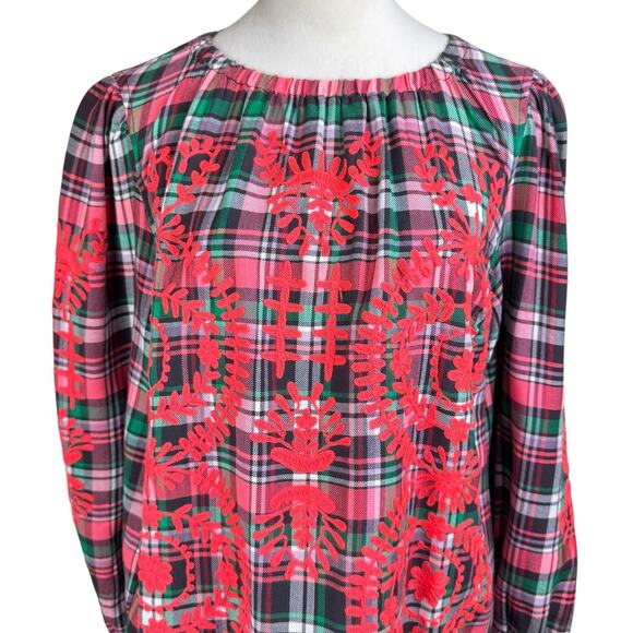 Ivy Jane Pink Green Plaid Floral Embroidered Stretchy Flowy Cotton Top - Picture 4 of 12